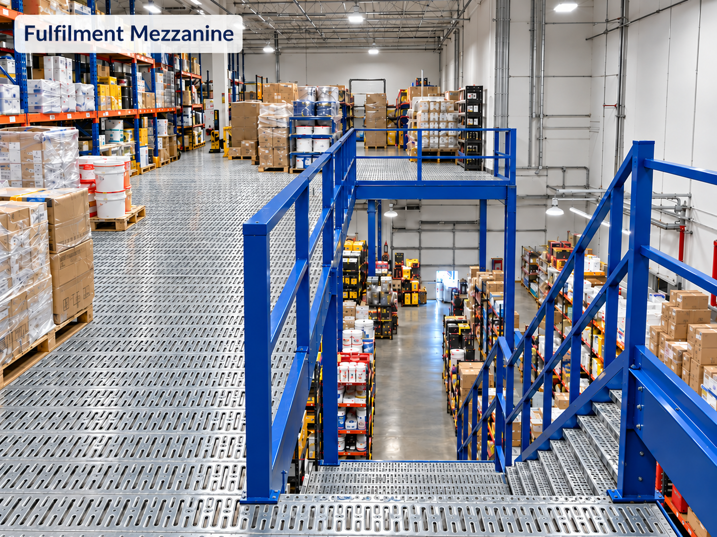 Warehouse mezzanine with stored cartons, steel grating floor and blue guardrails